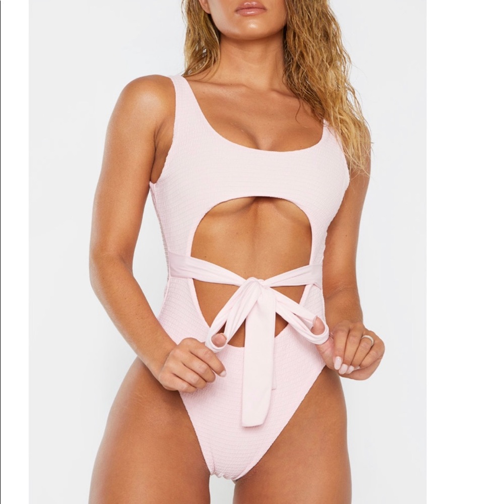 PrettyLittleThing Pink Crinkle Belted Swimsuit